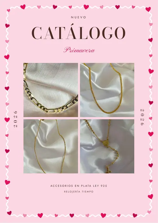 Página de un catálogo en PDF con fotos de productos en cuadrícula, estilo rosa